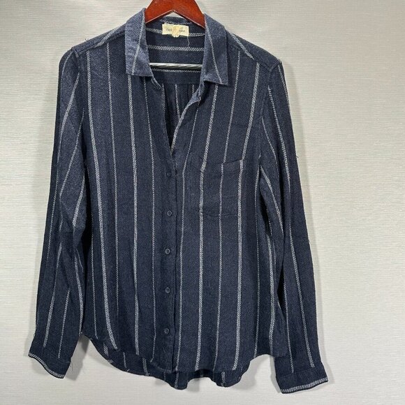 Cloth & Stone Blouse Womens Medium Blue Striped Button Up Long Sleeve V Neck - Picture 1 of 8